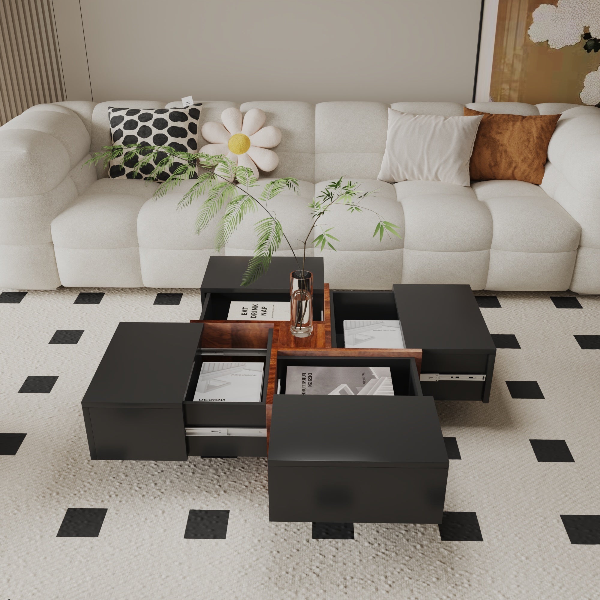 Futuristic Black Extendable Coffee Table with Storage Coffee Table