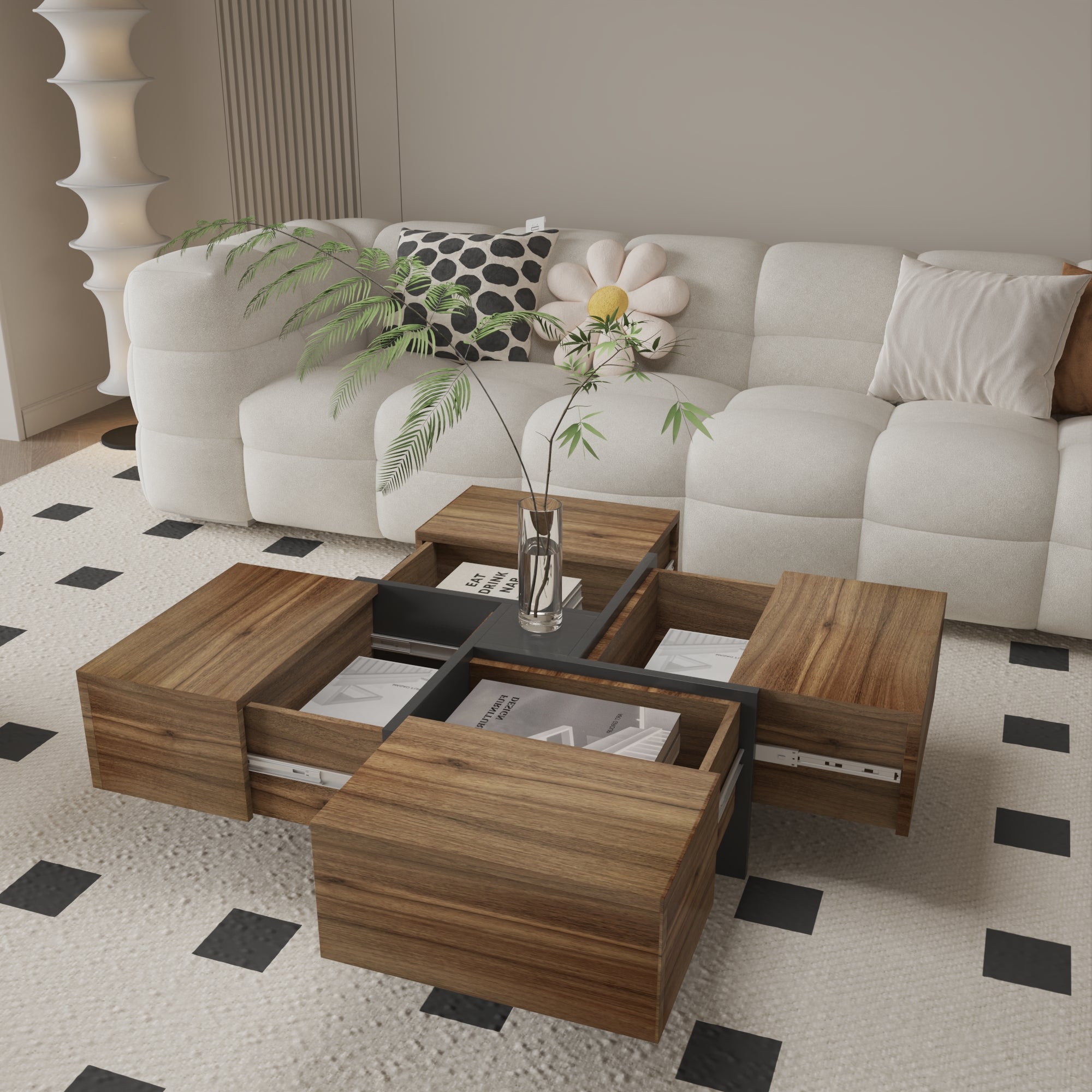 Futuristic Medium Walnut Extendable Coffee Table with Storage Coffee Table