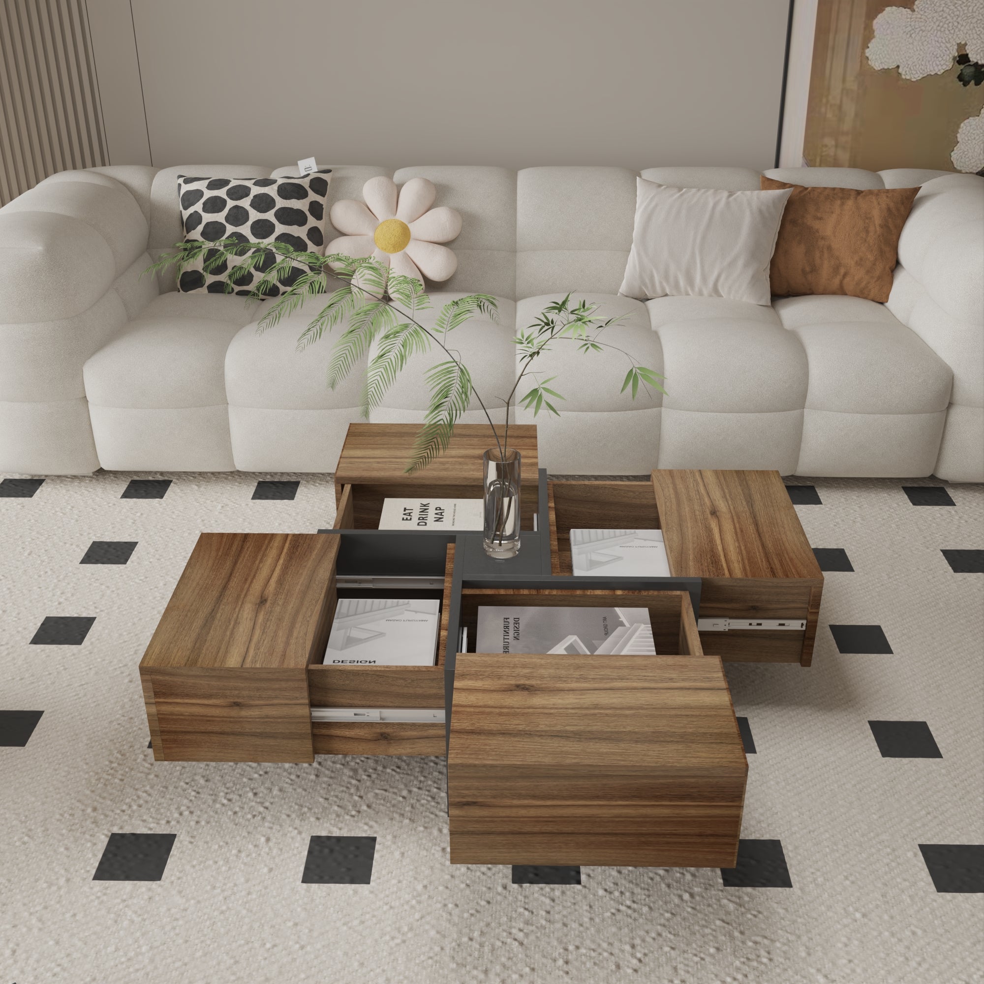 Futuristic Medium Walnut Extendable Coffee Table with Storage Coffee Table