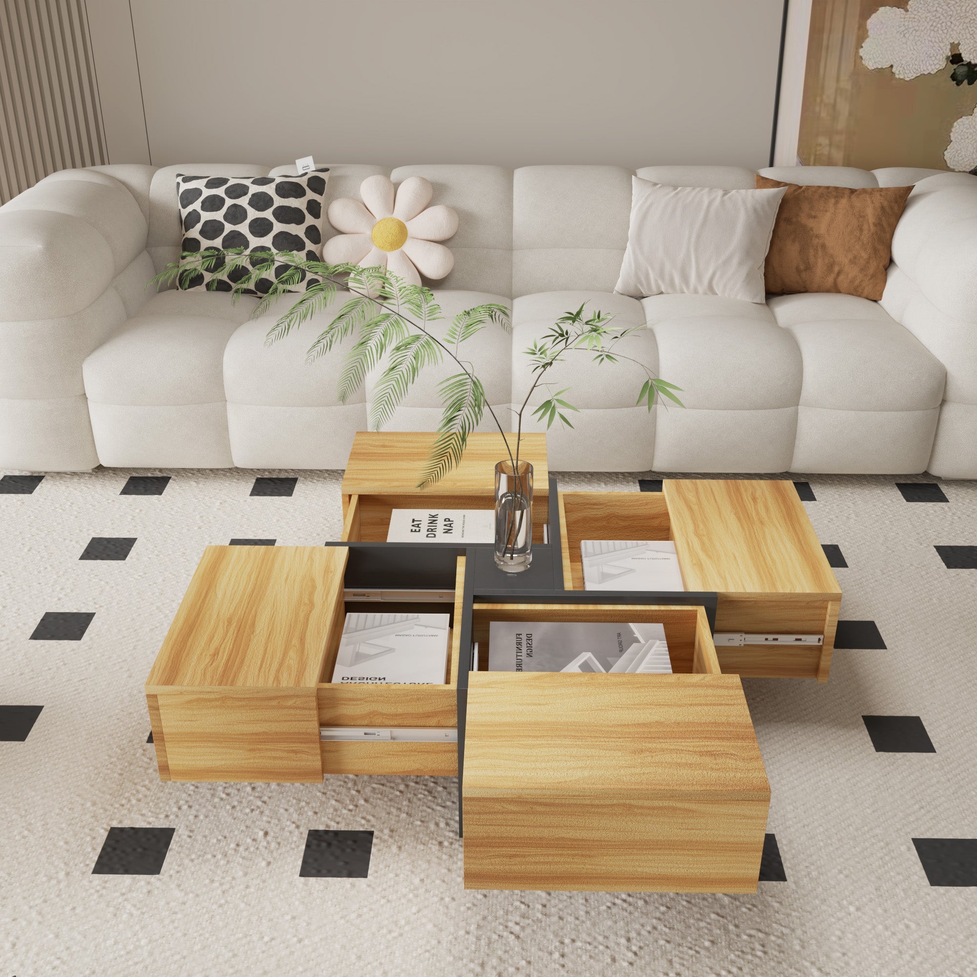 Futuristic Oak Extendable Coffee Table with Storage Coffee Table