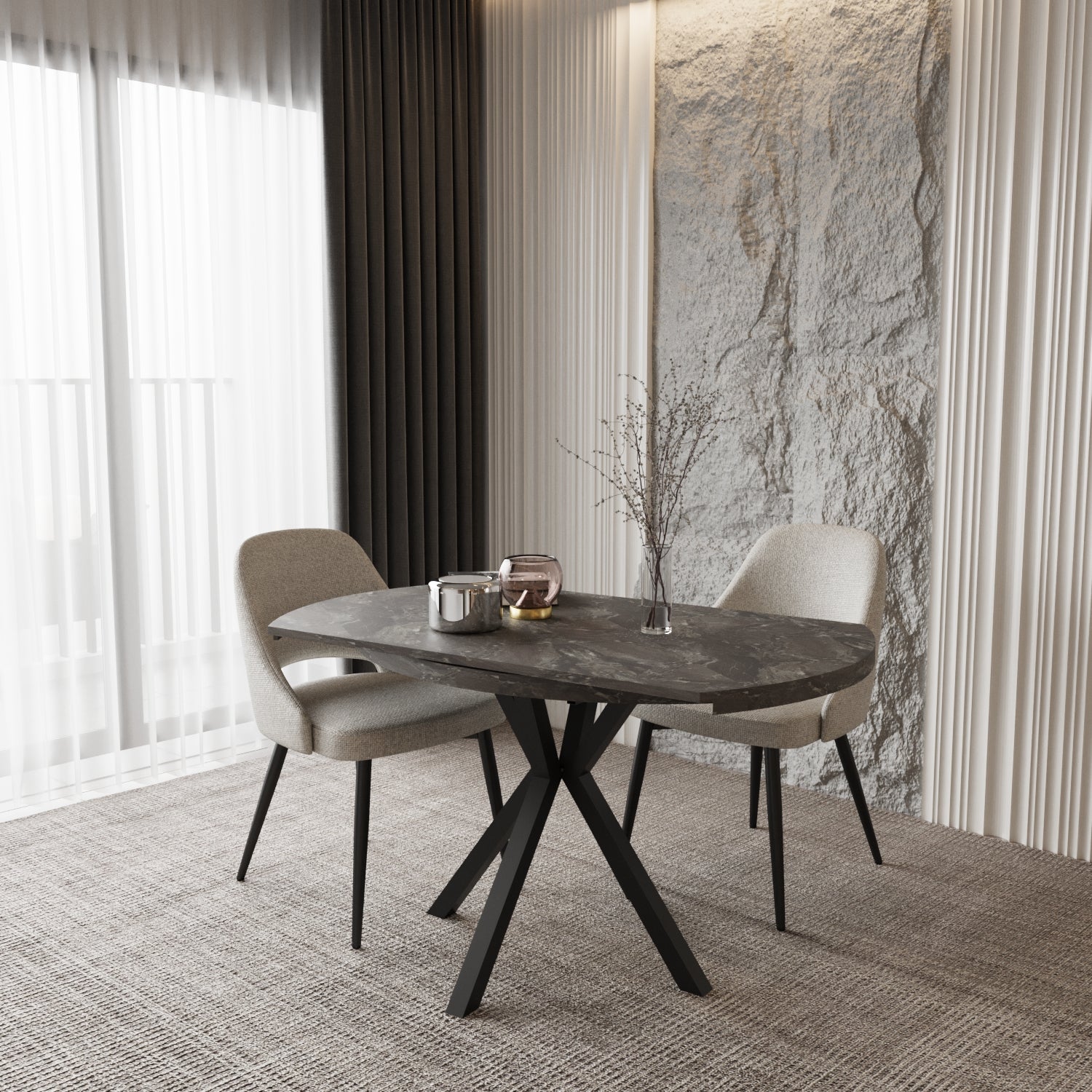 Pegasus Grey Marble Round to Rectangular Extendable Dining Table Up to 6 Seater Dining Table