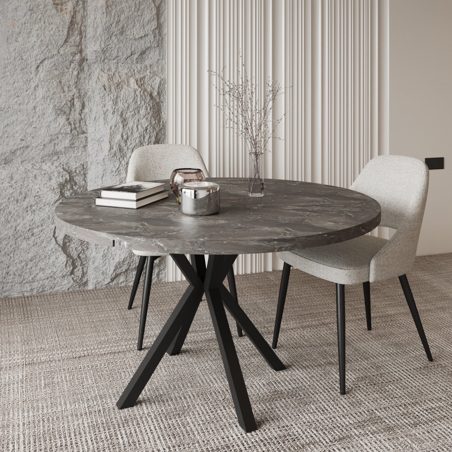 Pegasus Grey Marble Round to Rectangular Extendable Dining Table Up to 6 Seater Dining Table