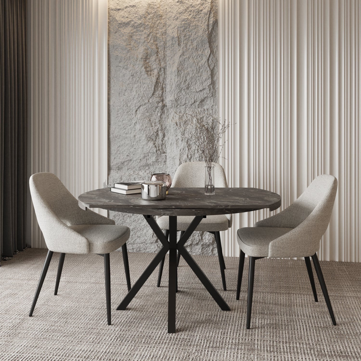 Pegasus Grey Marble Round to Rectangular Extendable Dining Table Up to 6 Seater Dining Table