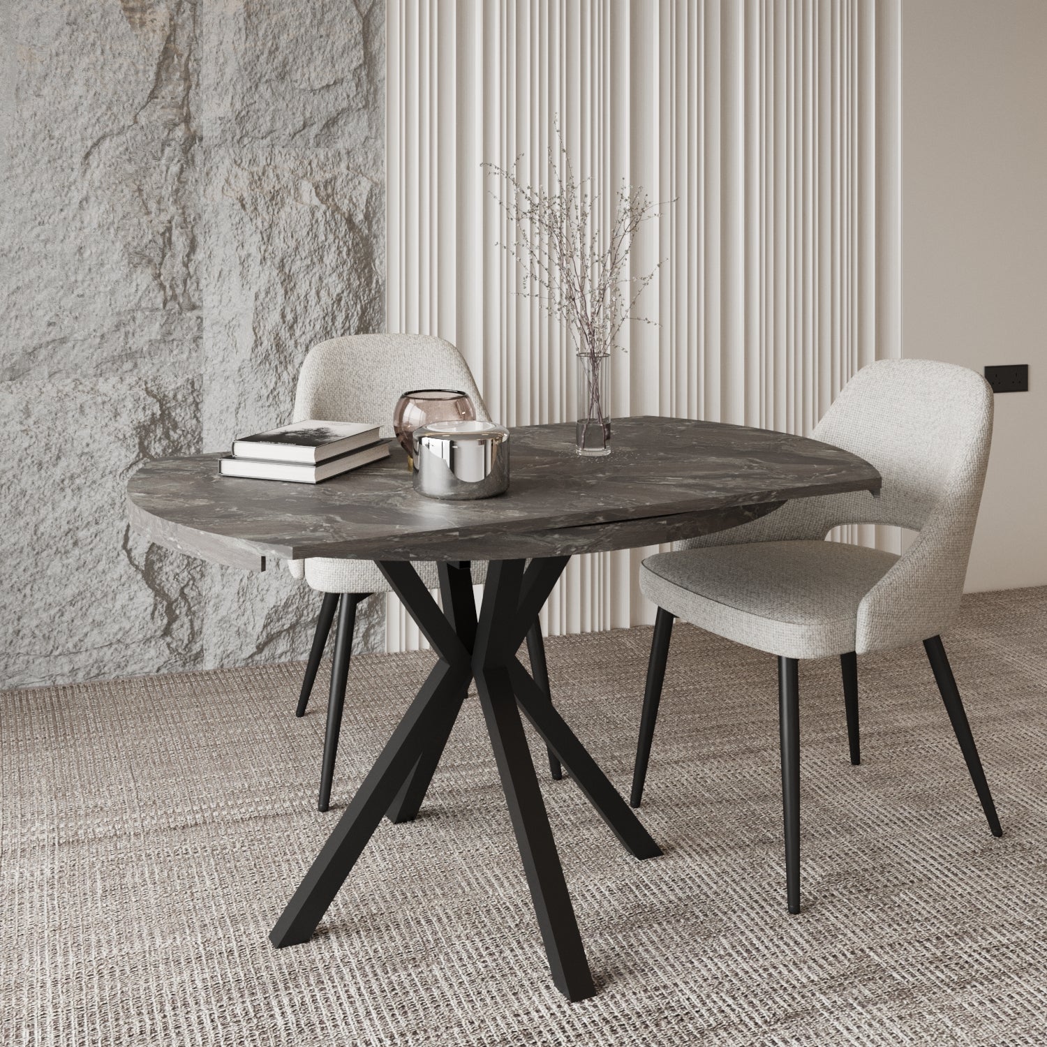 Pegasus Grey Marble Round to Rectangular Extendable Dining Table Up to 6 Seater Dining Table