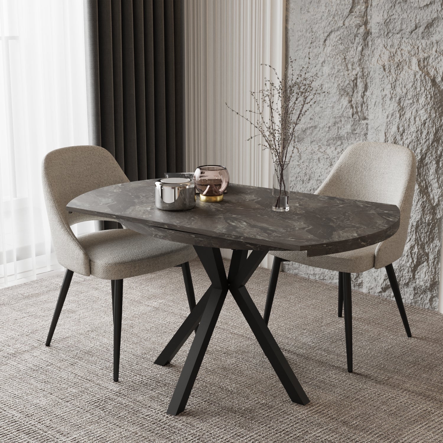 Pegasus Grey Marble Round to Rectangular Extendable Dining Table Up to 6 Seater Dining Table