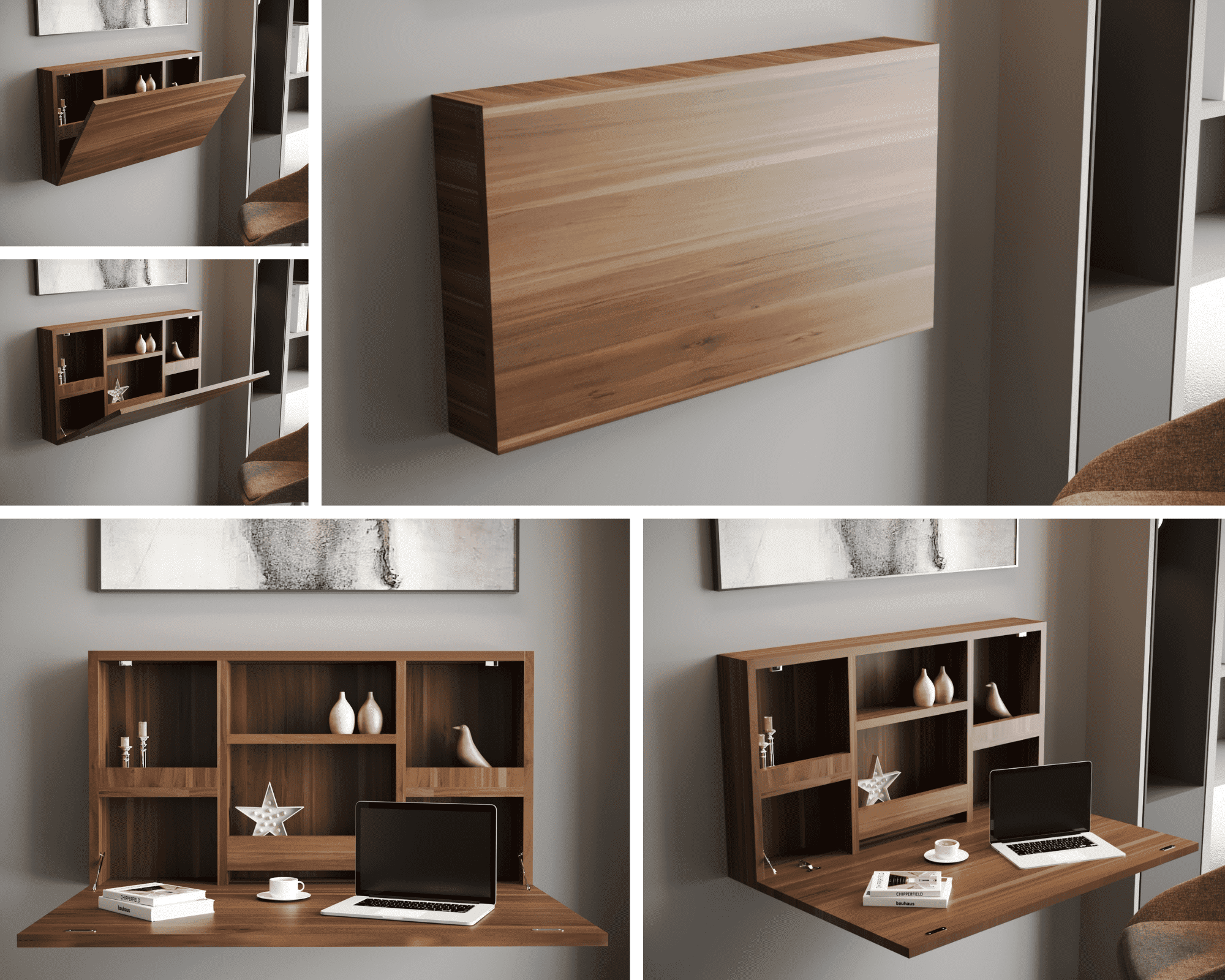 Brenda Wall Mounted Computer,Studying Desk with Shelves