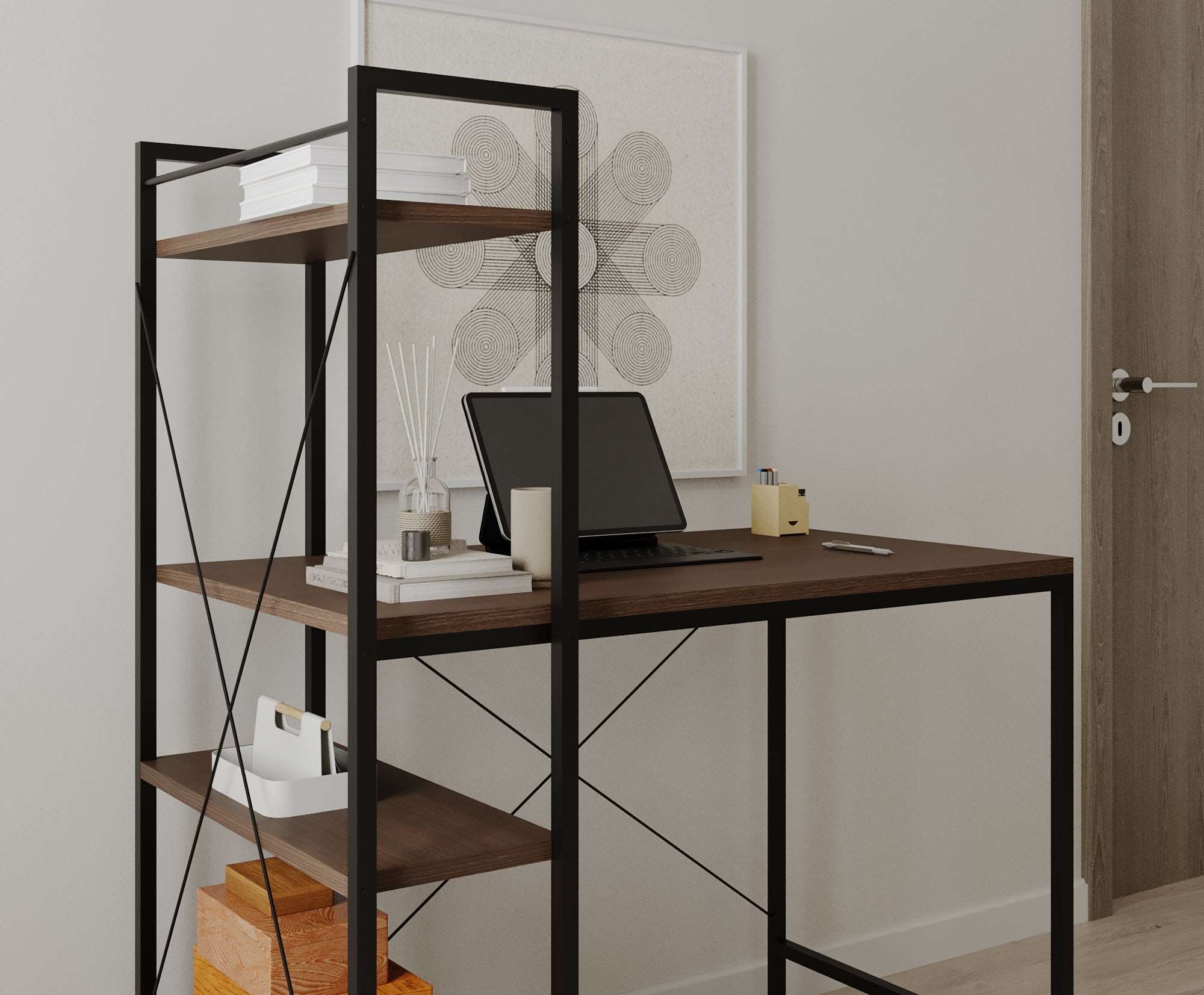 Menta Study Computer Desk with Bookcase - Writing Desk with Bookcase