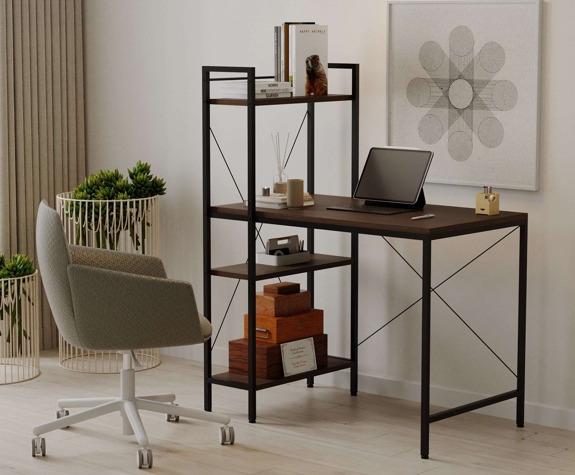Menta Study Computer Desk with Bookcase - Writing Desk with Bookcase
