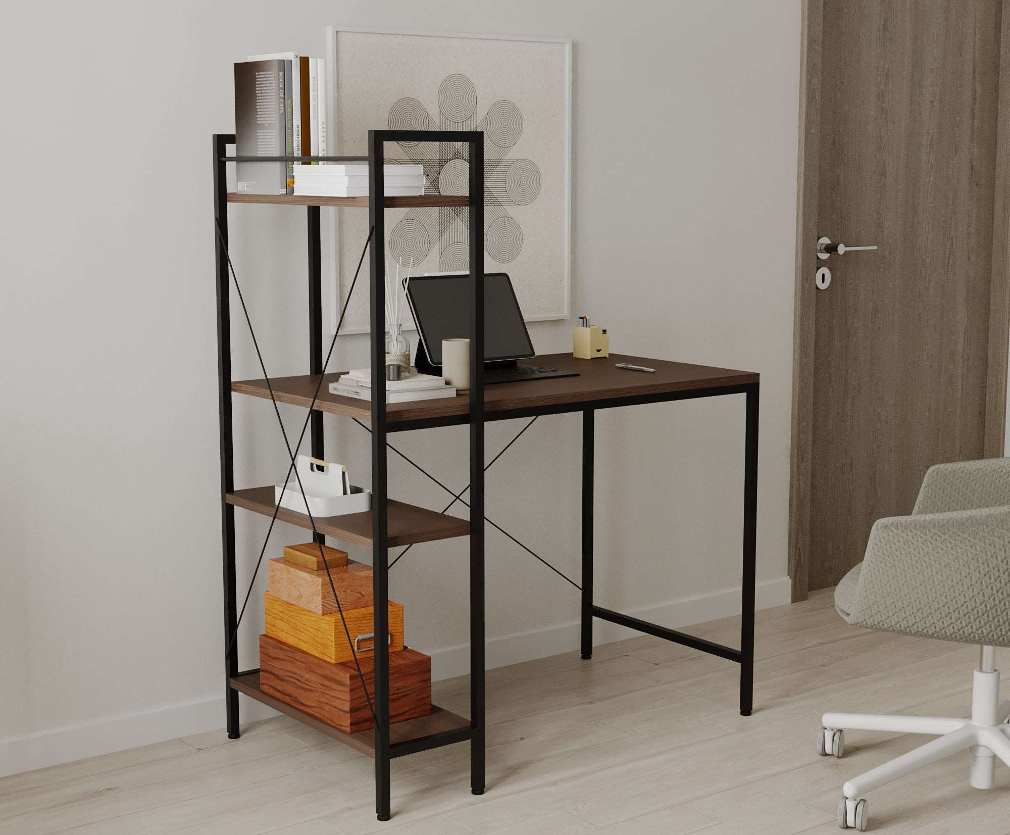 Menta Study Computer Desk with Bookcase - Writing Desk with Bookcase
