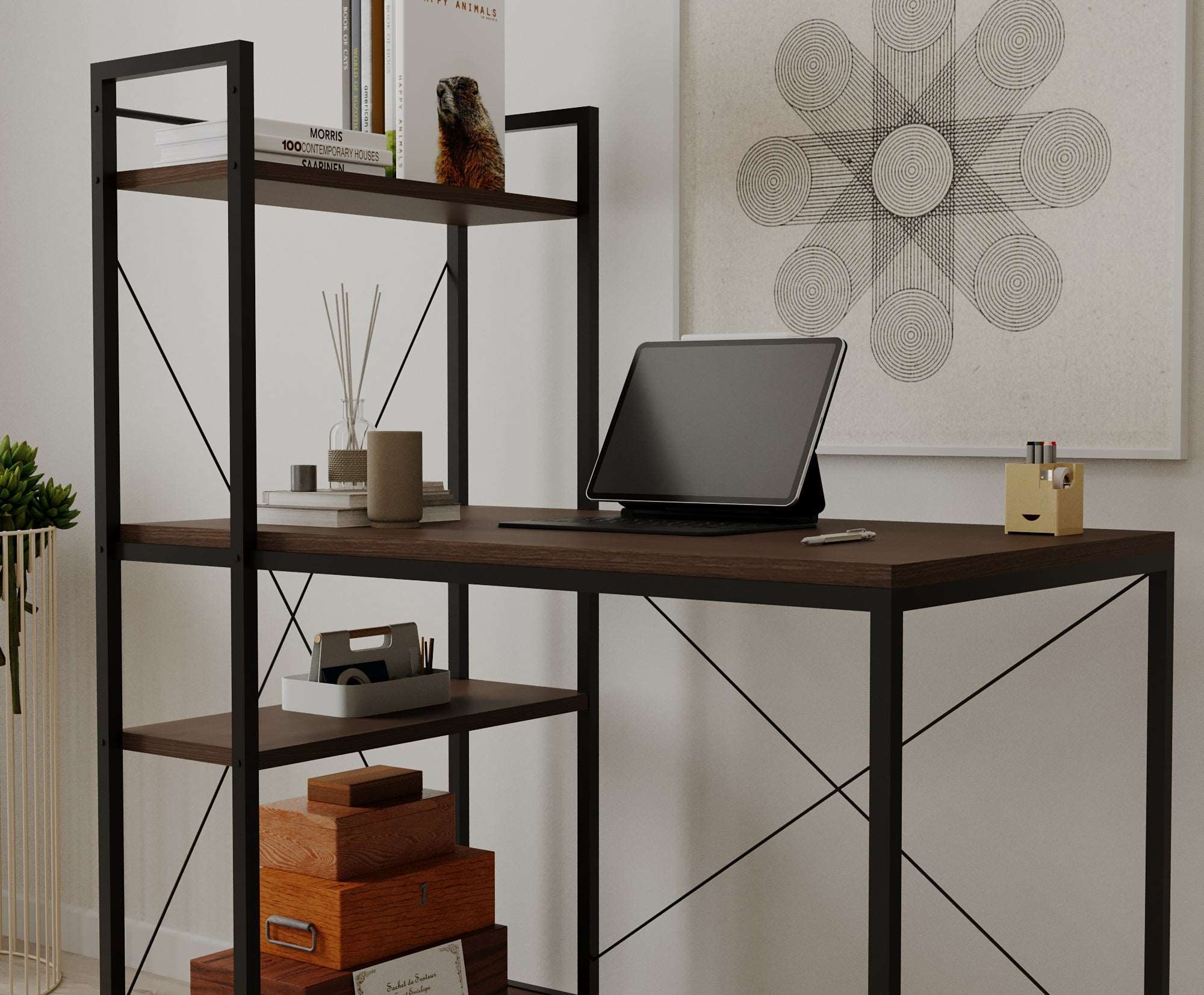 Menta Study Computer Desk with Bookcase - Writing Desk with Bookcase