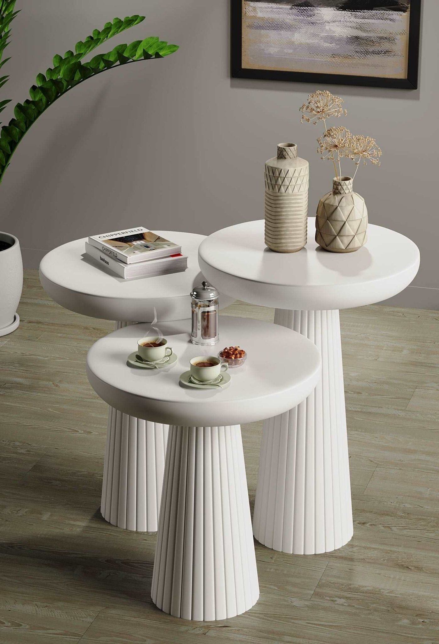 Ottawa White Mushroom Round Nested & Side Table 3 Set (S-M-L)