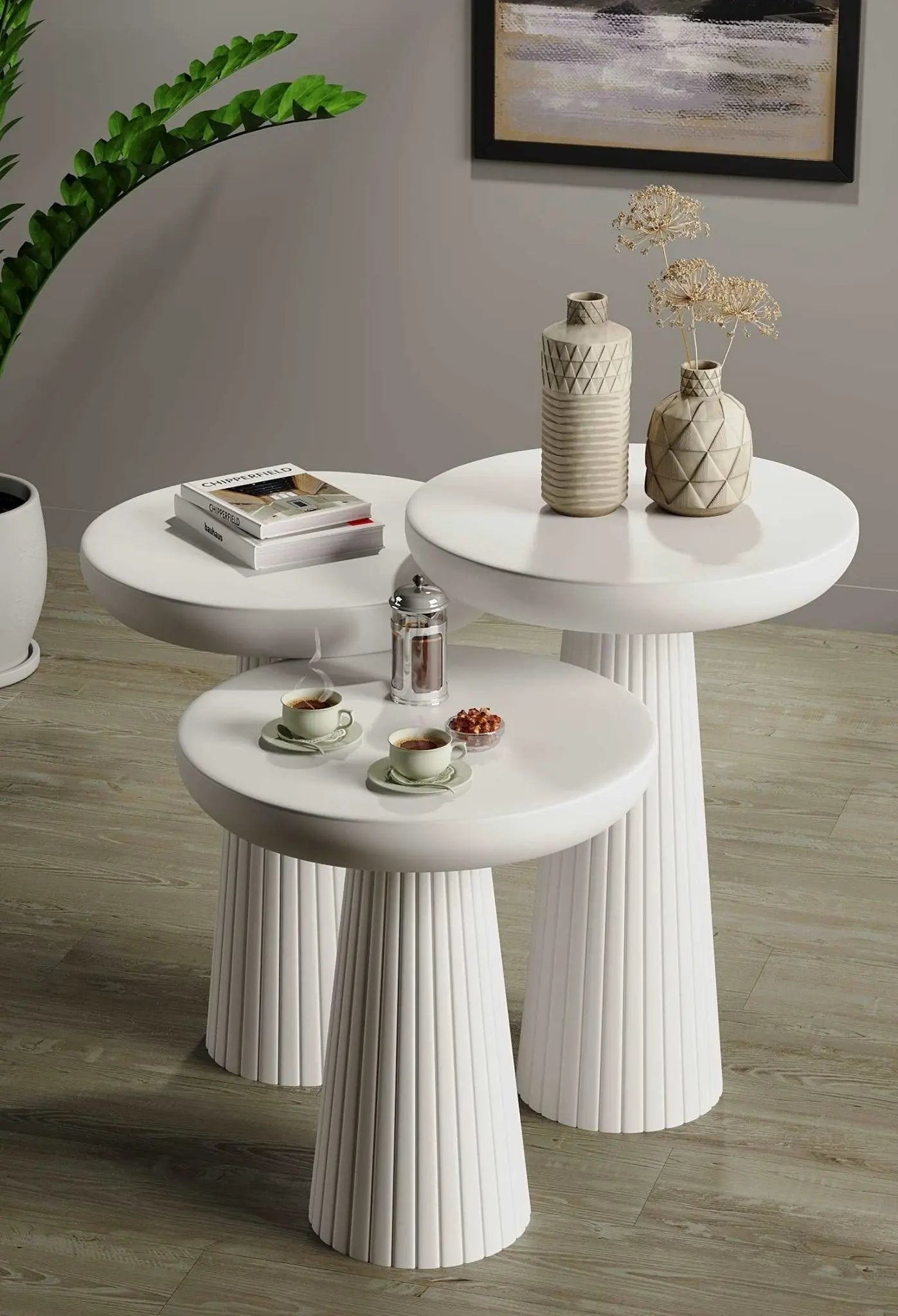 Ottawa White Mushroom Round Nested & Side Table 3 Set (S-M-L)