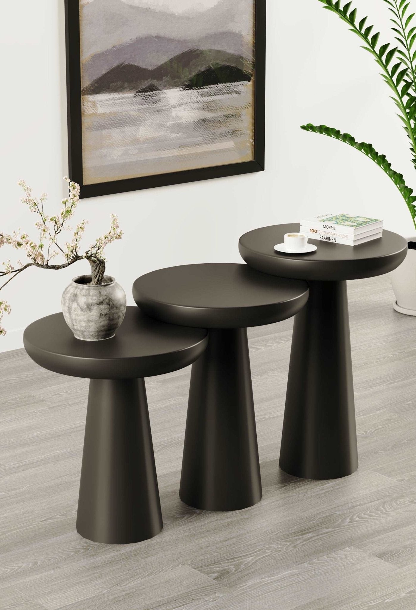Vera Black Mushroom Round Nested & Side Table 3 Set (S-M-L)