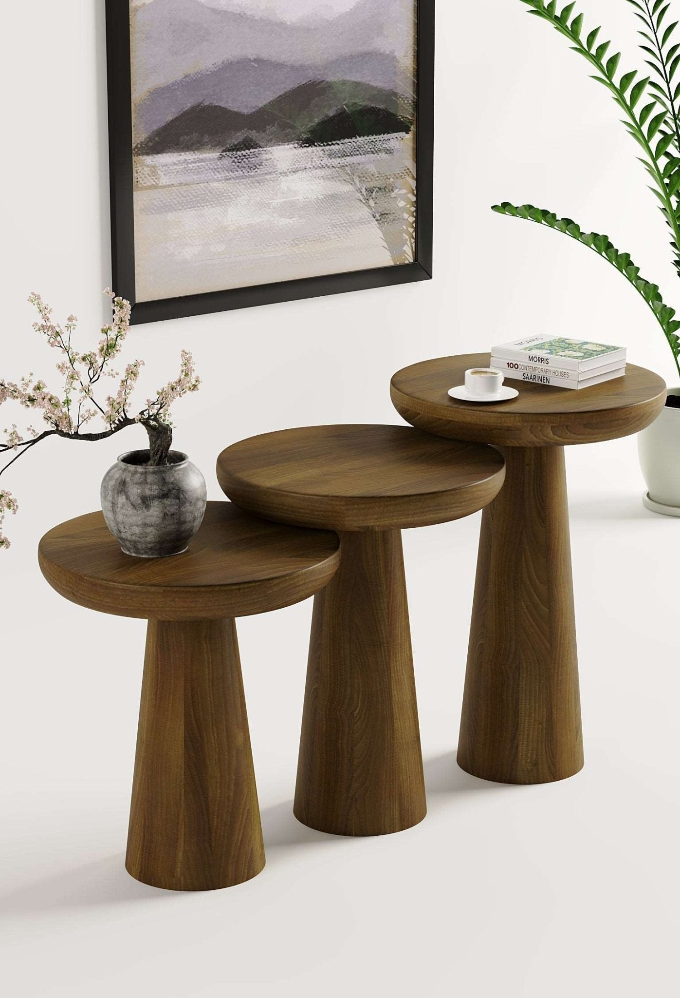 Vera Dark Walnut Mushroom Round Nested & Side Table 3 Set (S-M-L)