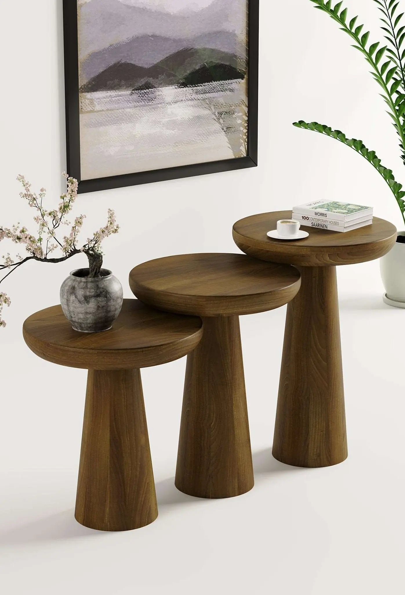 Vera Dark Walnut Mushroom Round Nested & Side Table 3 Set (S-M-L)