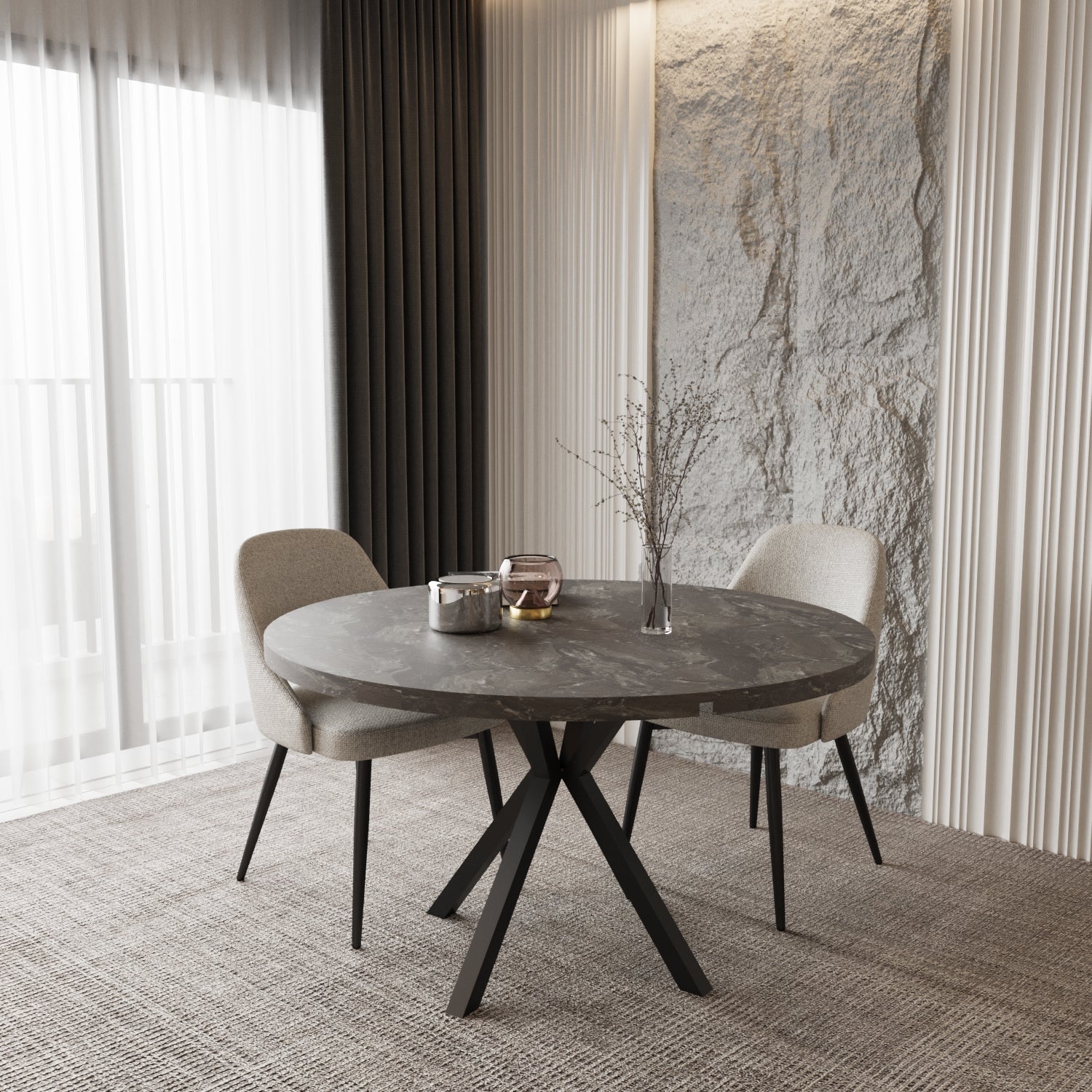 Pegasus Grey Marble Round to Rectangular Extendable Dining Table Up to 6 Seater Dining Table