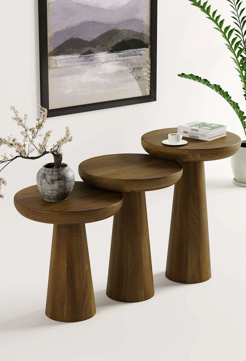 Vera Dark Walnut Mushroom Round Nested & Side Table  3 Set (S-M-L)  