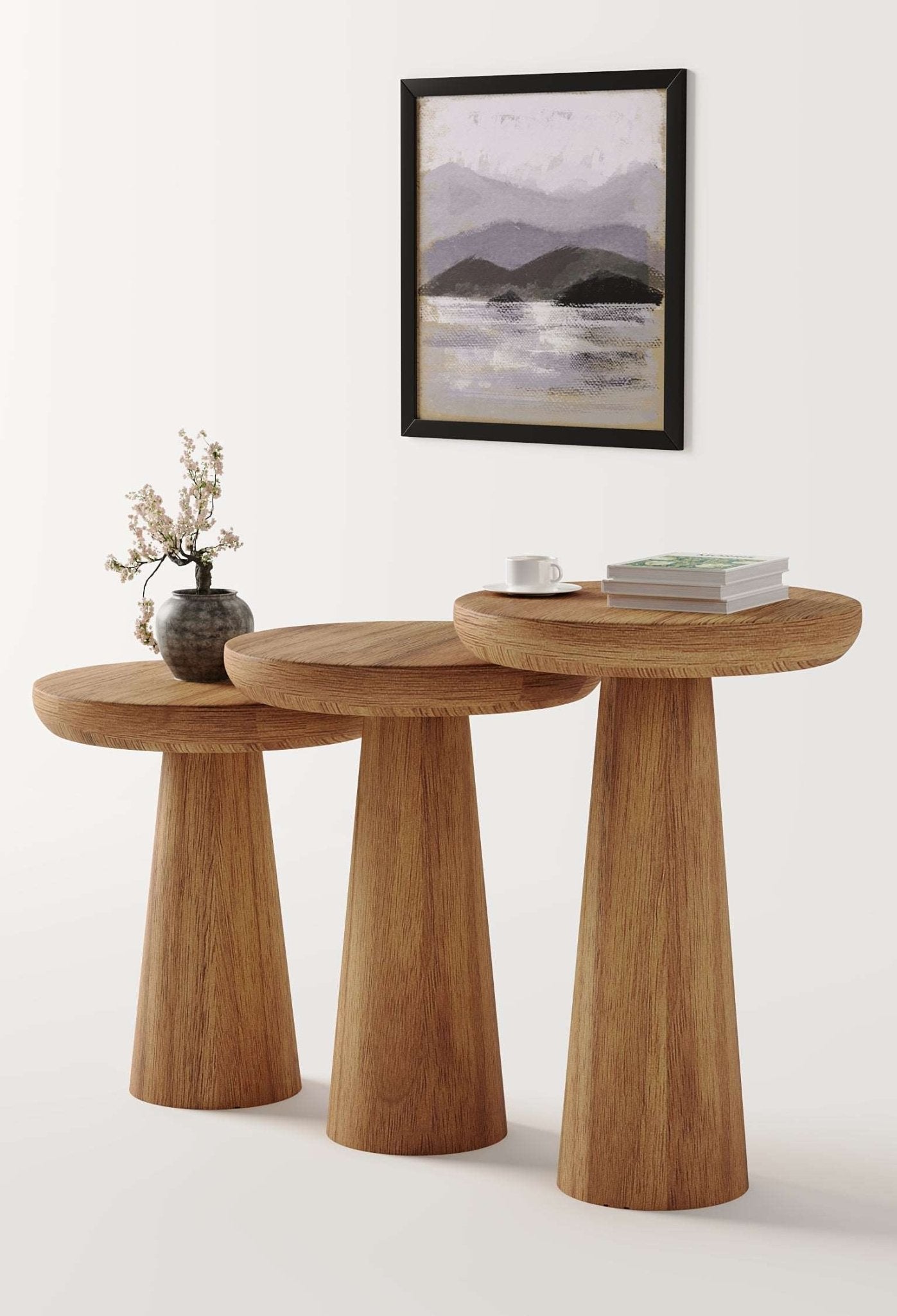 Vera Medium Walnut Mushroom Round Nested & Side Table  3 Set (S-M-L)  