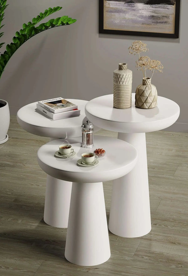 Vera White Mushroom Round Nested & Side Table  3 Set (S-M-L)  
